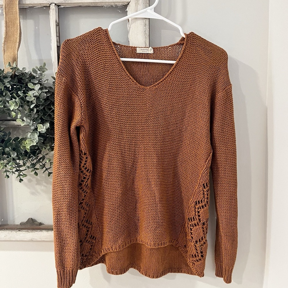 Harper Women's Small Burnt Orange Cutout Sweater Knit v Neck‎